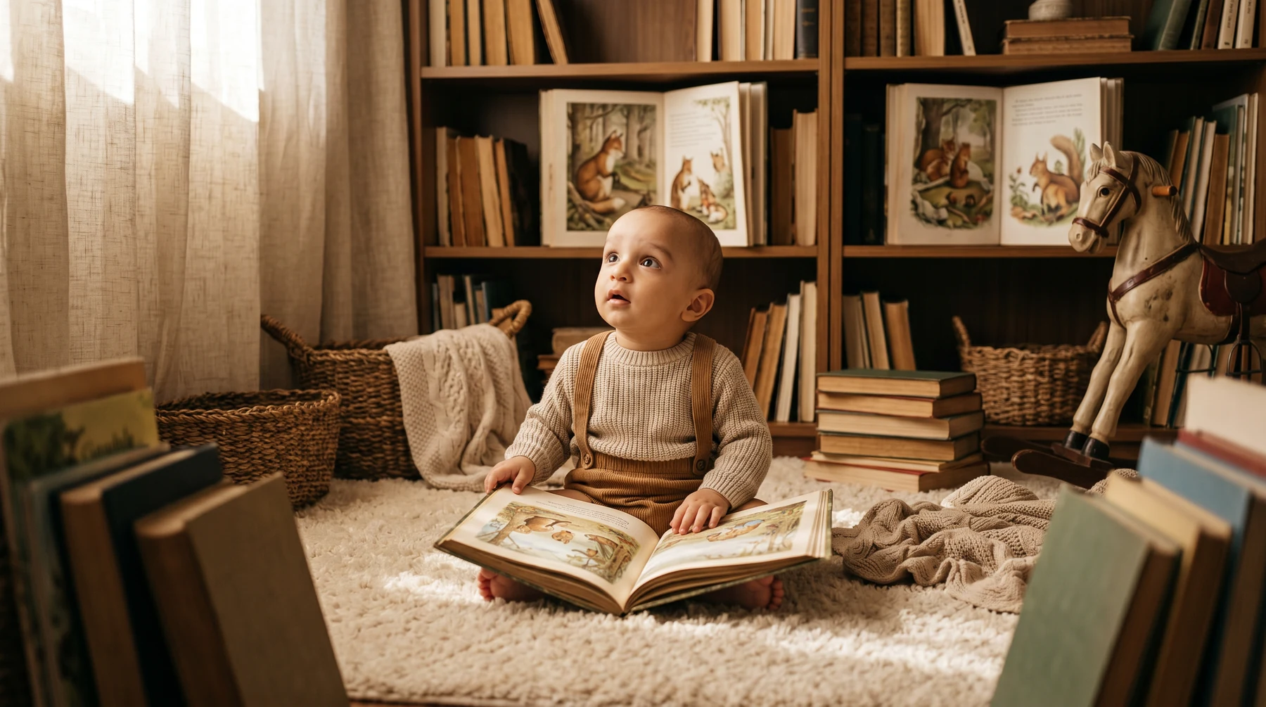 Arthur com um livro aberto em uma biblioteca.