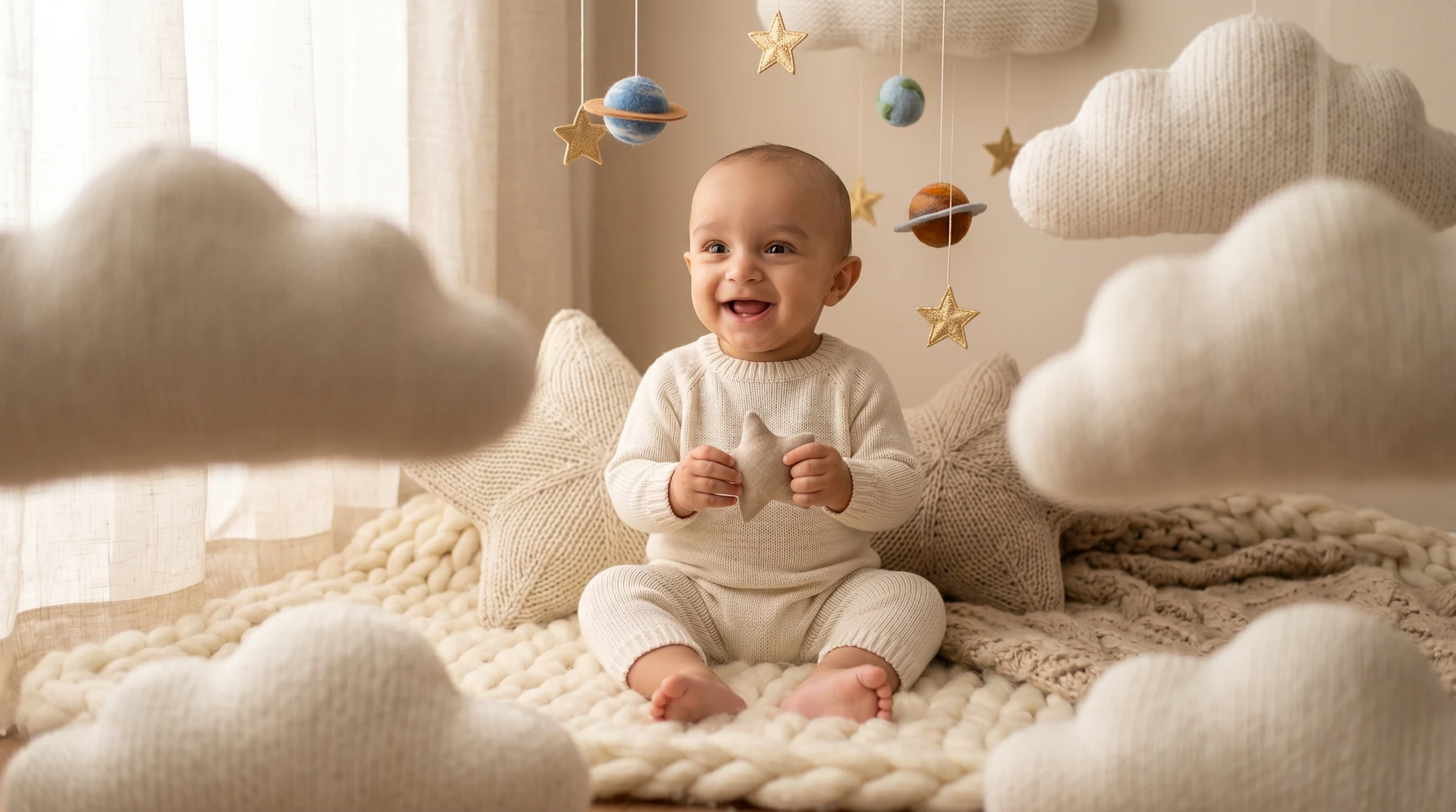 Arthur sorrindo entre nuvens e planetas.