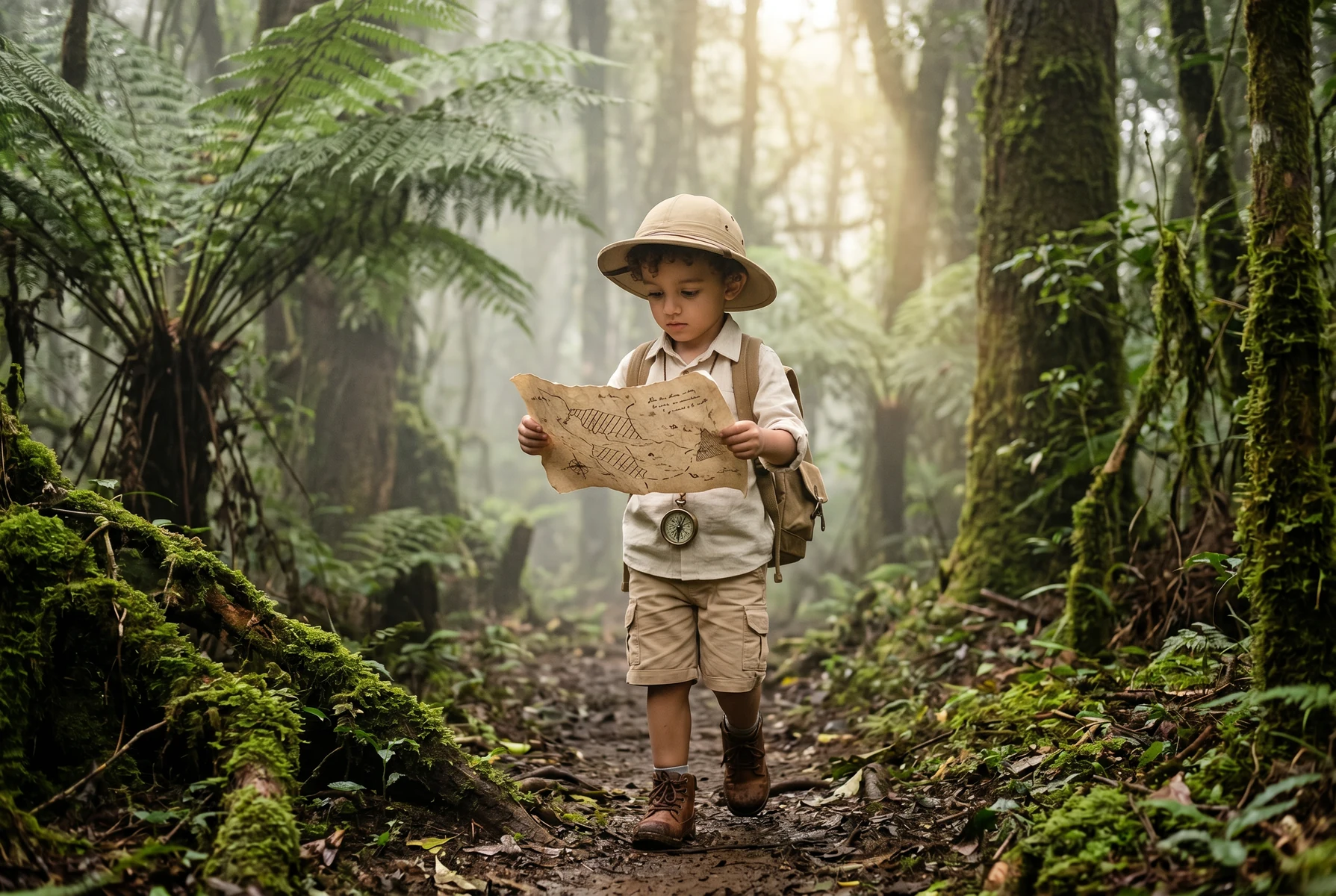 Pequeno explorador observa um mapa na floresta.