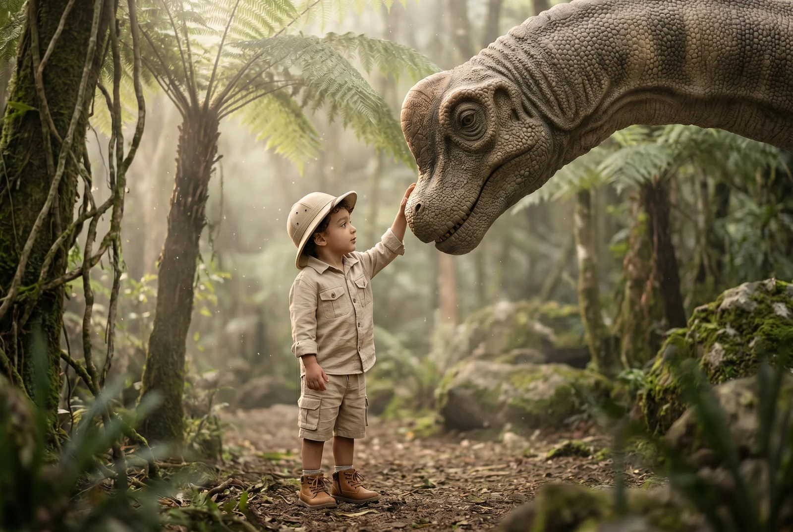 Criança toca o rosto de um dinossauro na floresta.