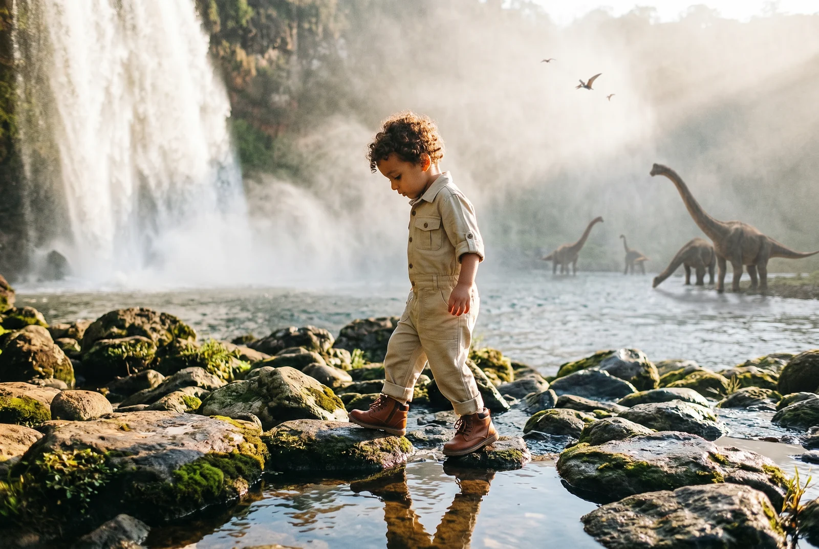 Criança junto à cachoeira com dinossauros ao fundo.